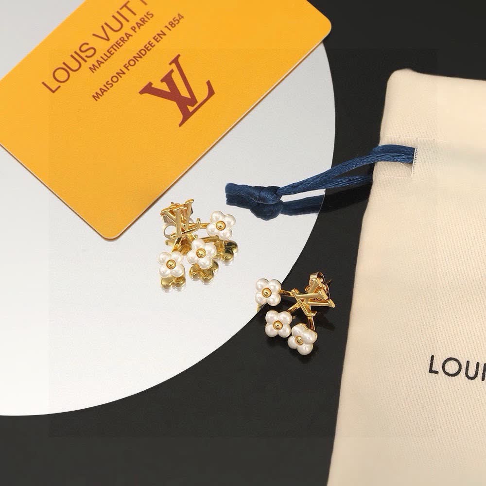 Louis Vuitton Gold Tone Pearl Flower Stud Earrings